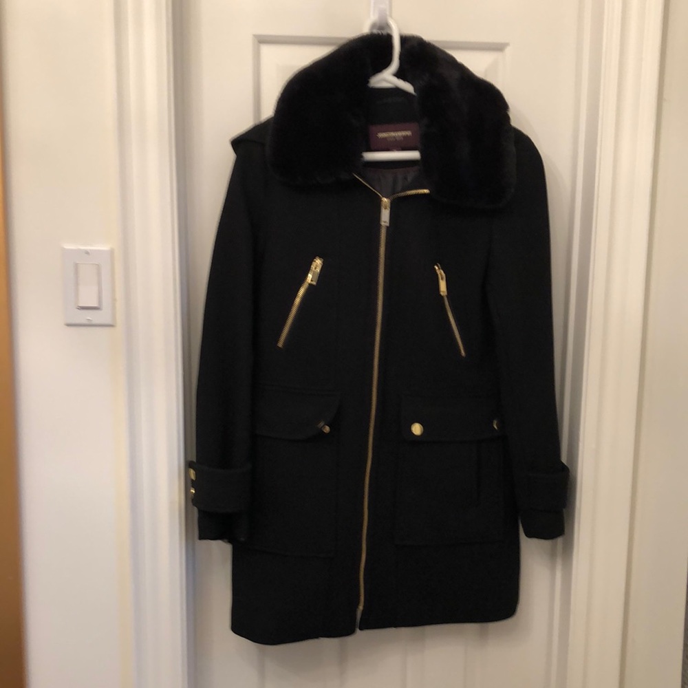 Black pea coat with hood and faux fur collar, that’s removable.like new